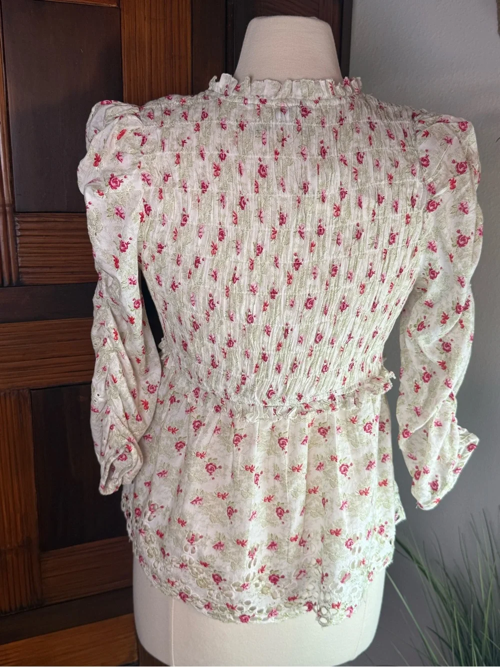 Anthropologie Floral Smocked Eyelet Puff Sleeve Blouse Size S NWT Cottagecore